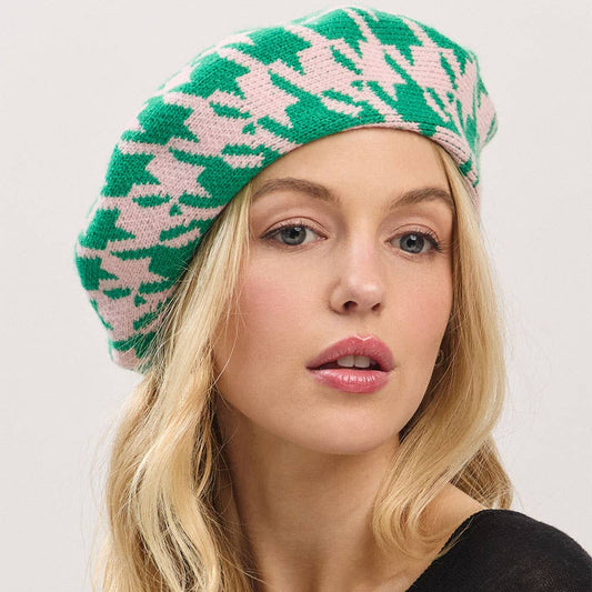 💚💖 Check Me Out Beret – Green & Pink Houndstooth
