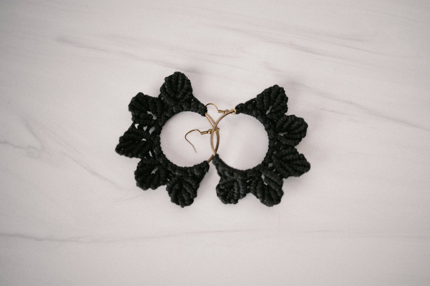 Woven Macrame Boho Leaf Earrings- Black