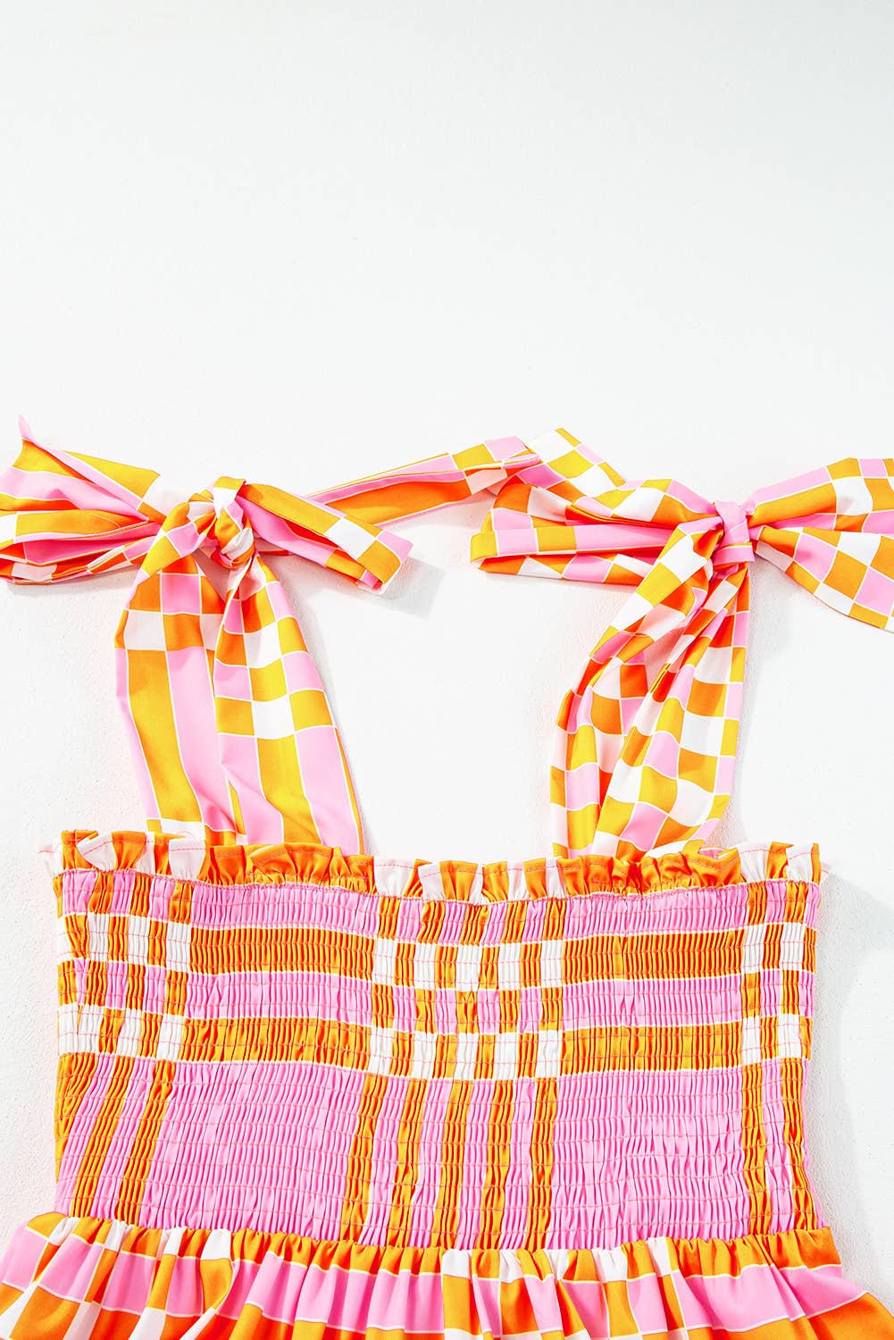 Hot Pink and Orange Boho Plaid Print Tied Straps Smocked Maxi Dress