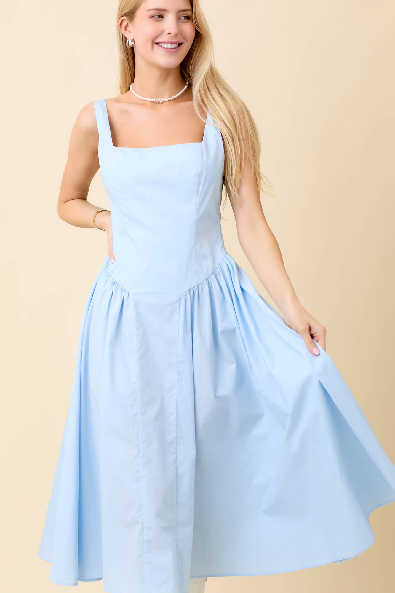 Light Blue Square Neck Midi Dress
