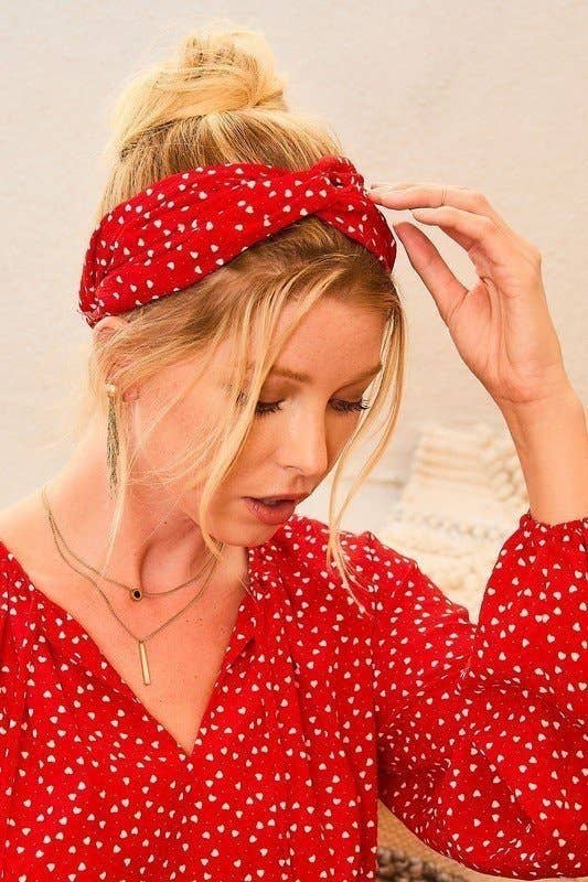 Heart Print Satin Headband: Red