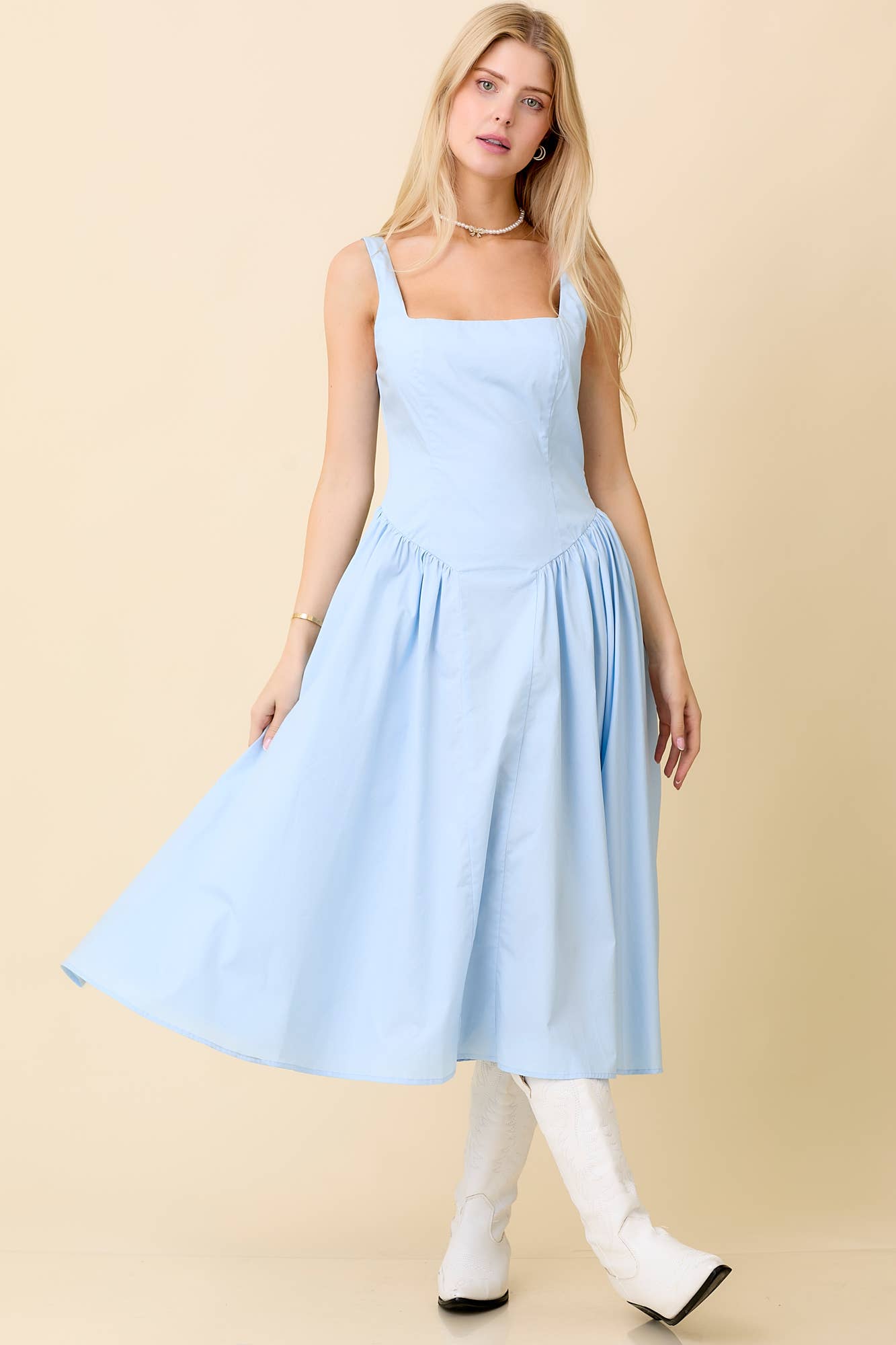 Light Blue Square Neck Midi Dress