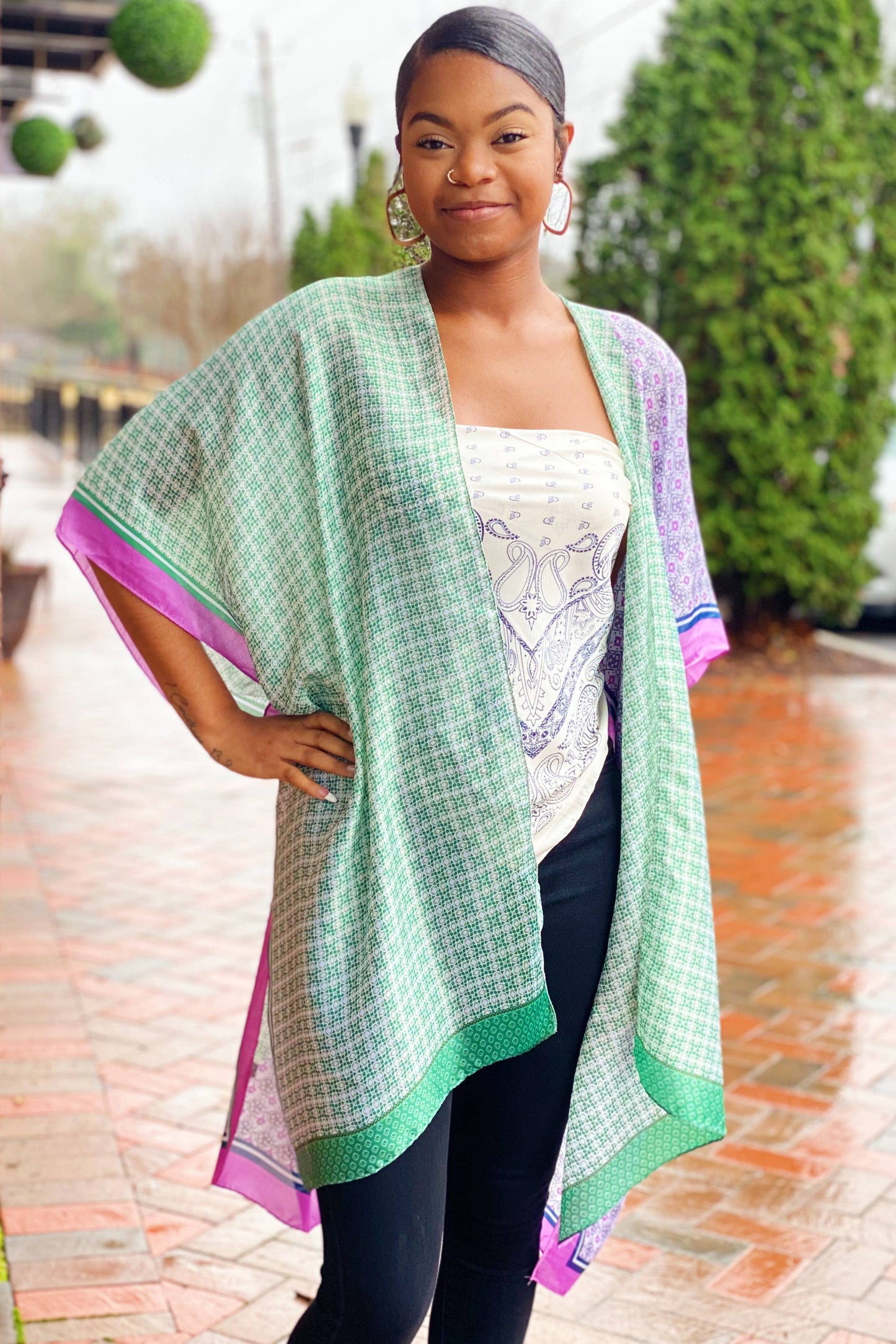 Silky Printed Kimono: Green Lavender