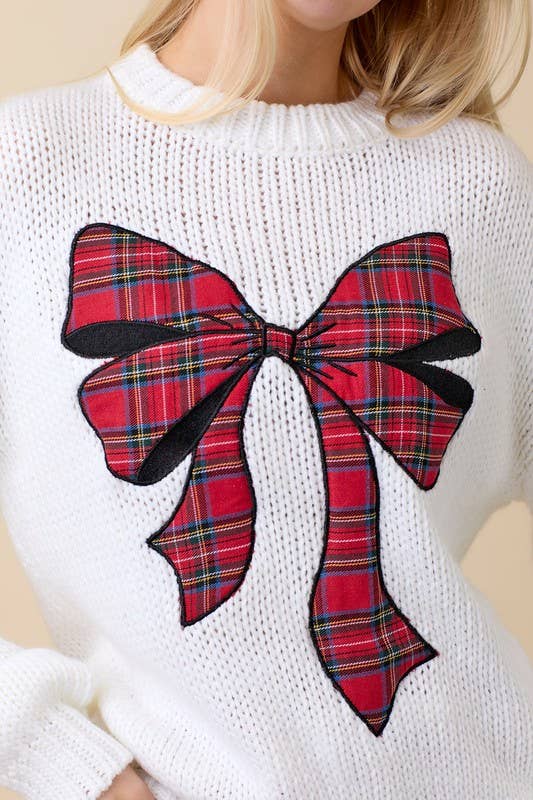 Christmas Sweater With Plaid Ribbon Bow Patch: HUNTER GREEN