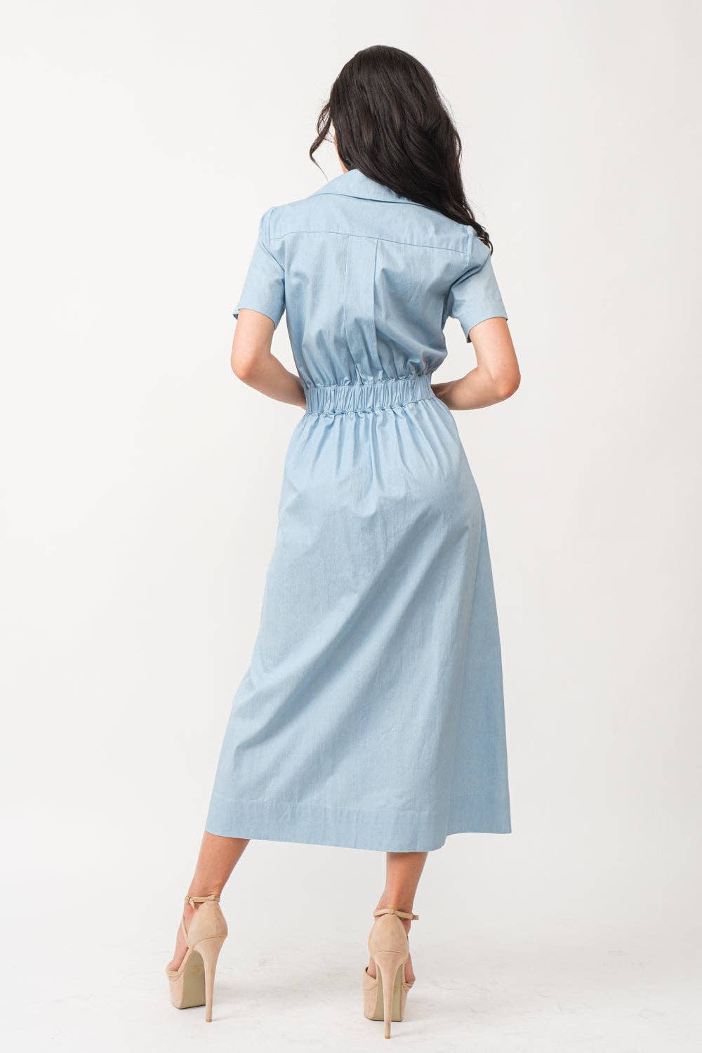 Denim Short Sleeve A-Line Midi Dress LIGHT DENIM