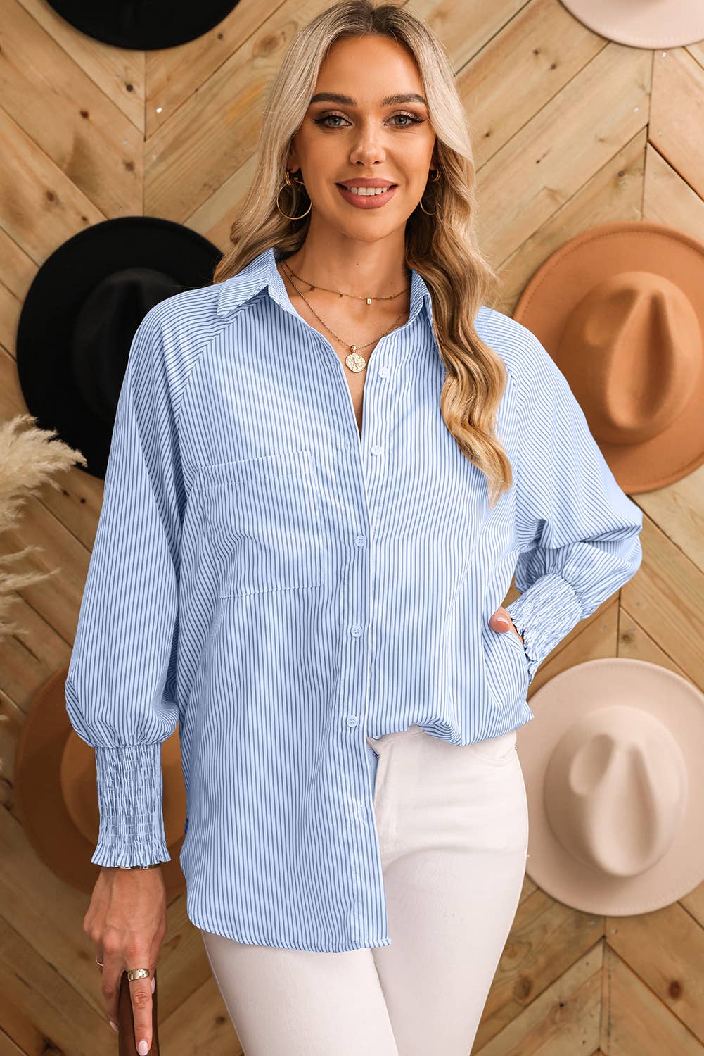 Blue and White Smocked Cuff Striped Boyfriend Shirt with Pocket