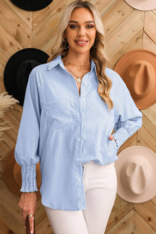 Blue and White Smocked Cuff Striped Boyfriend Shirt with Pocket