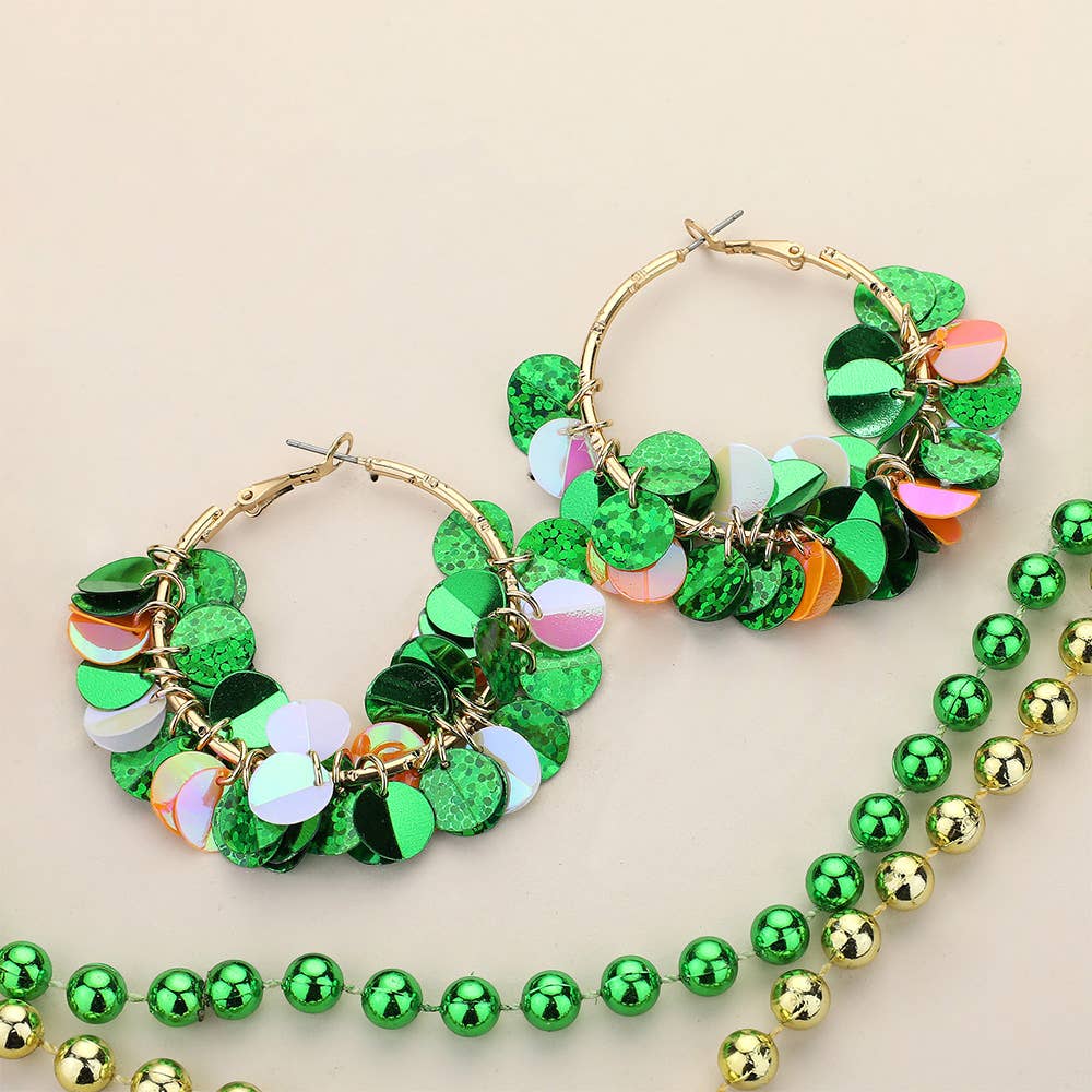 Mardi Gras Sequin Dangle Hoop Earrings