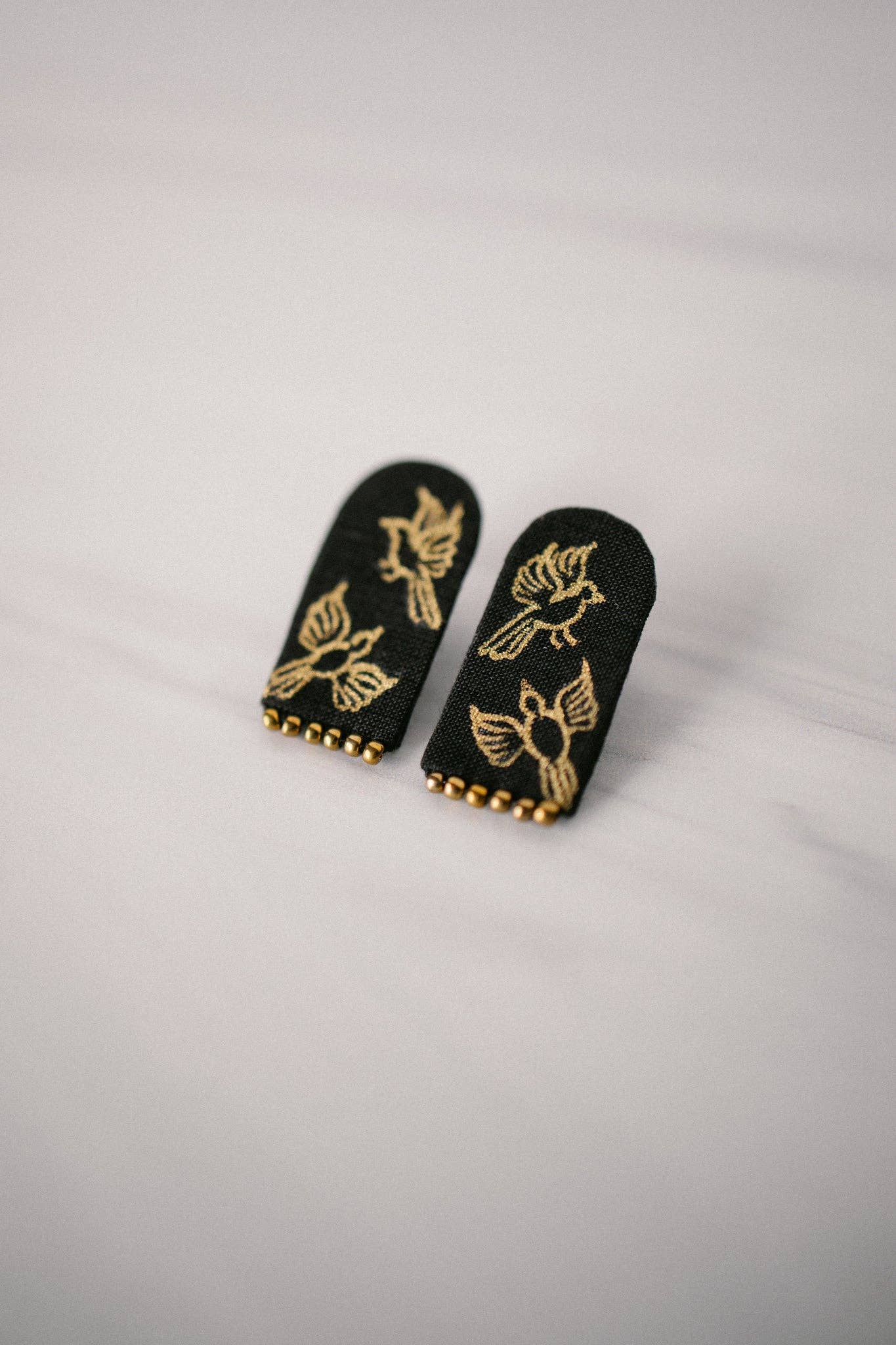 Hand-Painted, Hand-Beaded Fabric Gold Bird Earrings