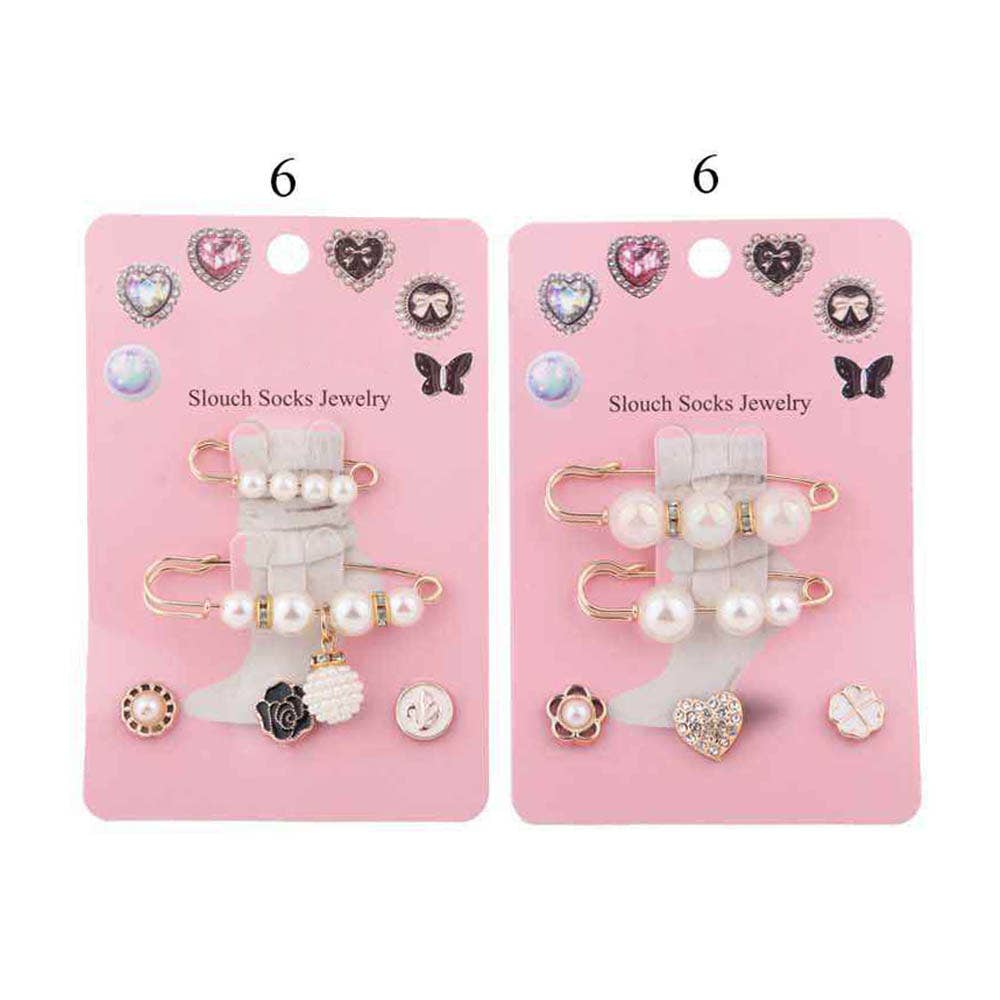 SET OF 5 - Pearl Safety Pin Clover Socks Charm Jewelry