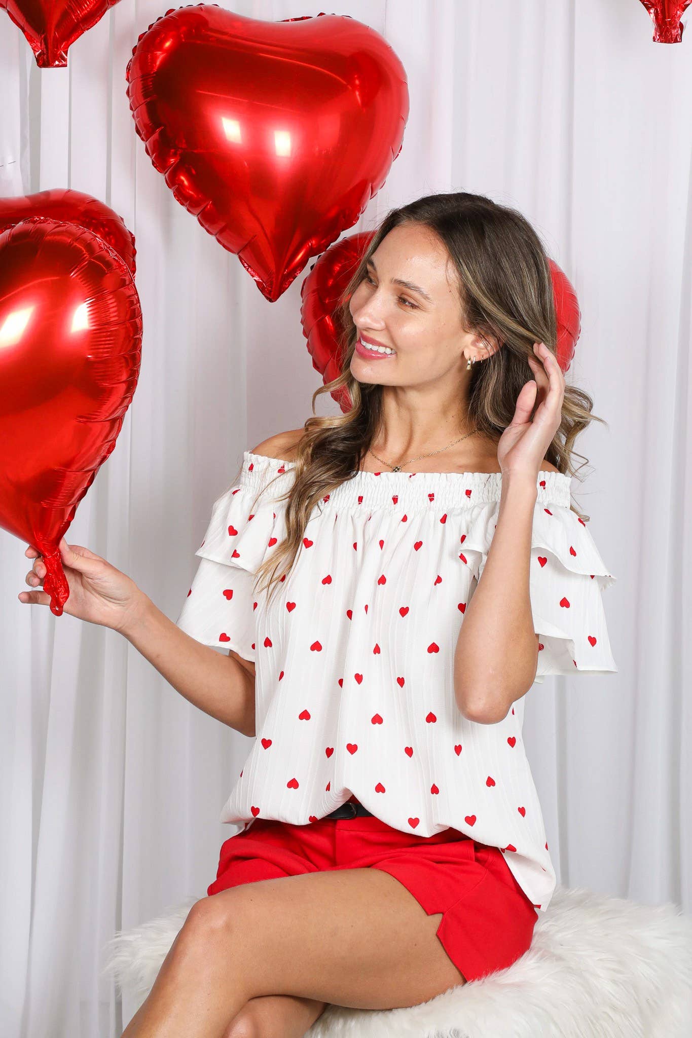 Red & White Heart Print Off-Shoulder Top