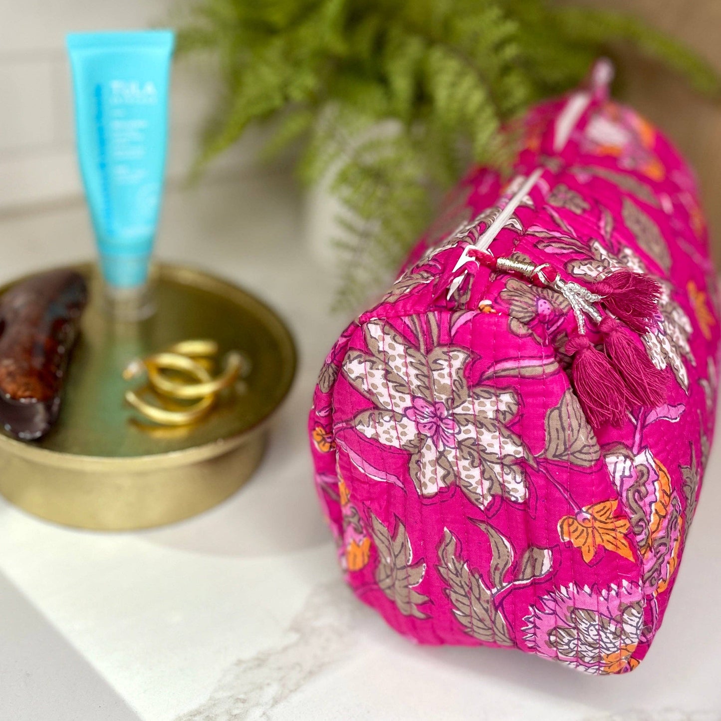 Travel Makeup Toiletry Bag | Quilted Zip-Top | Pink Blossom