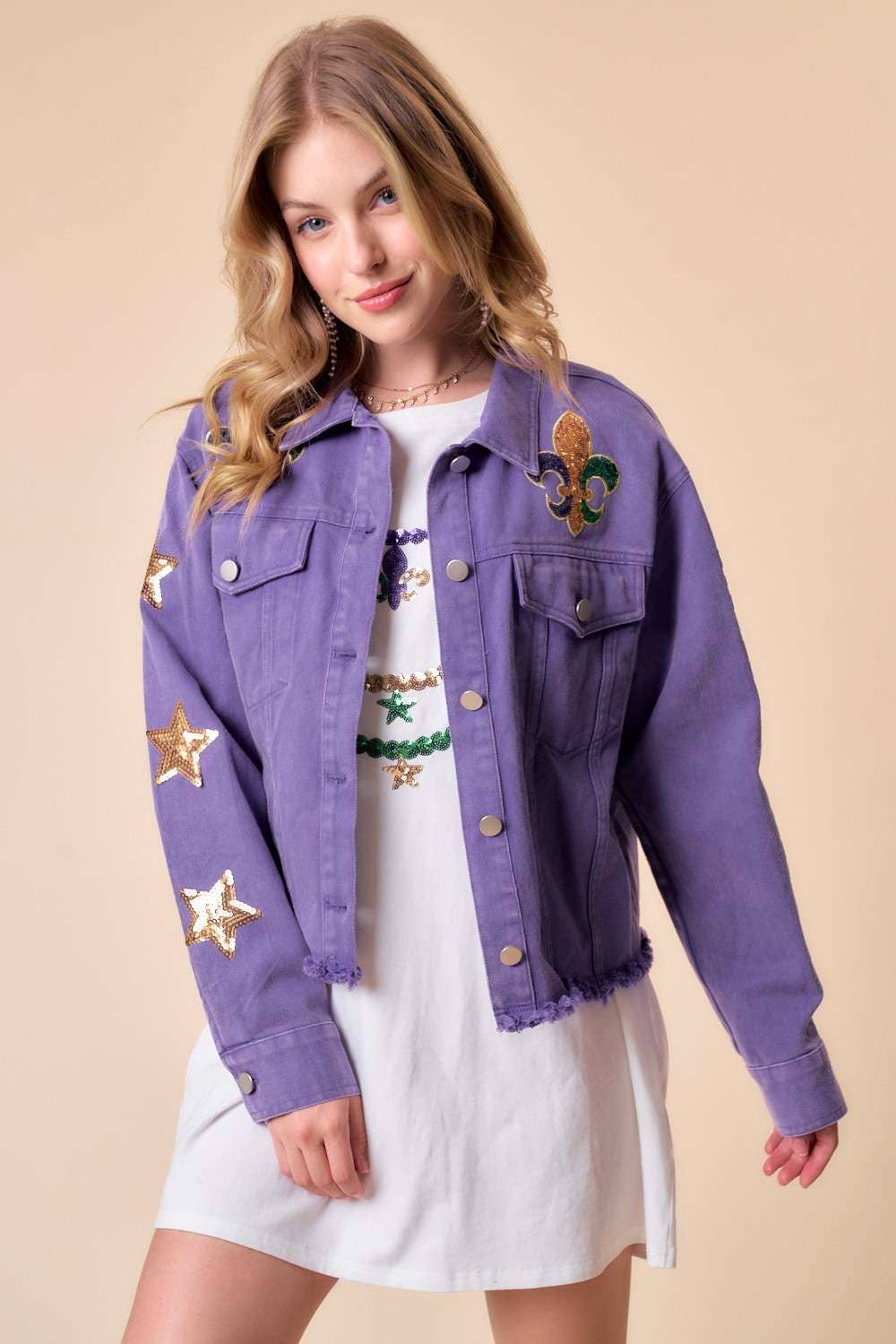MARDI GRAS Letter Patch Denim Wash Jacket