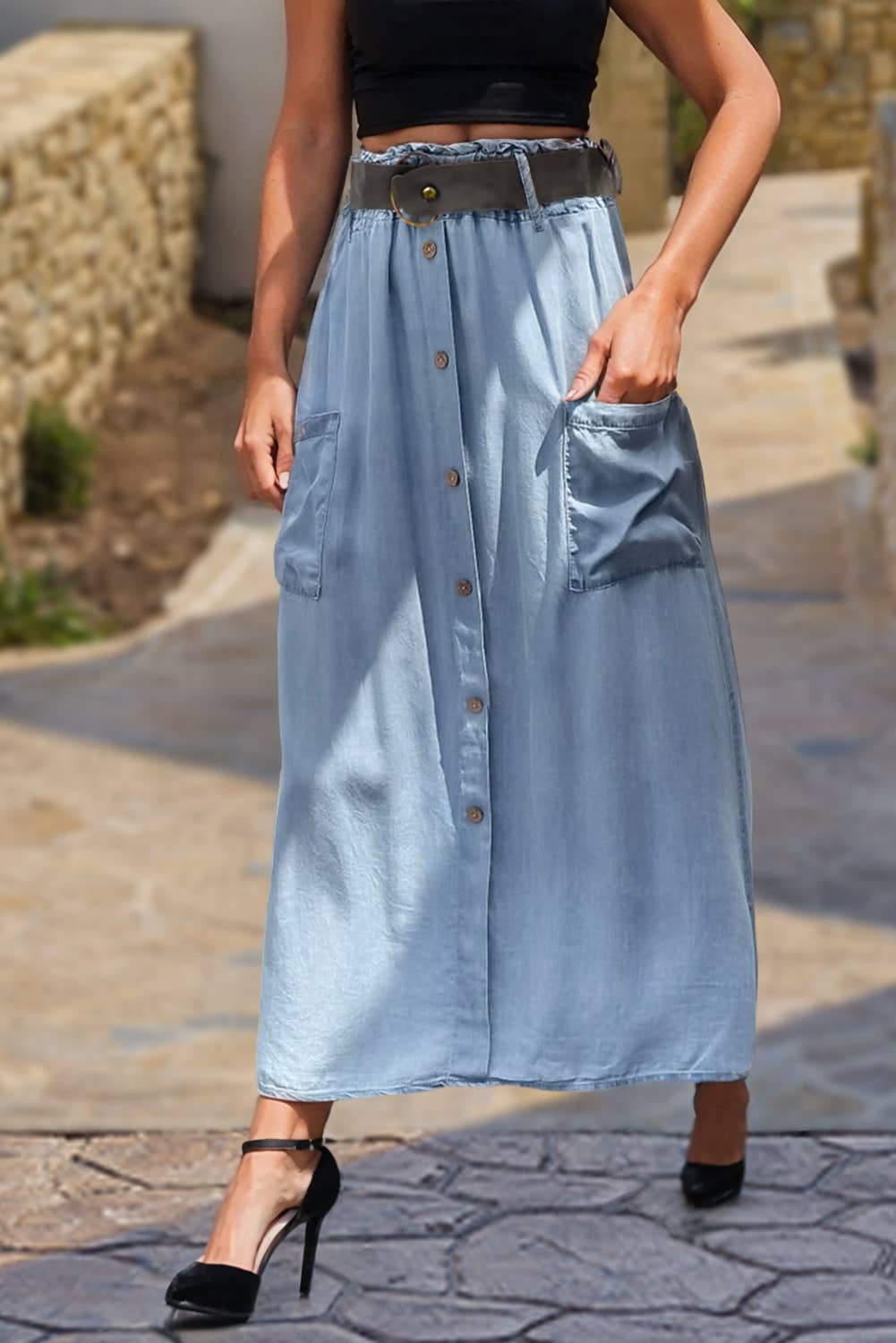 Buttoned Front High Waist Denim Maxi Skirt