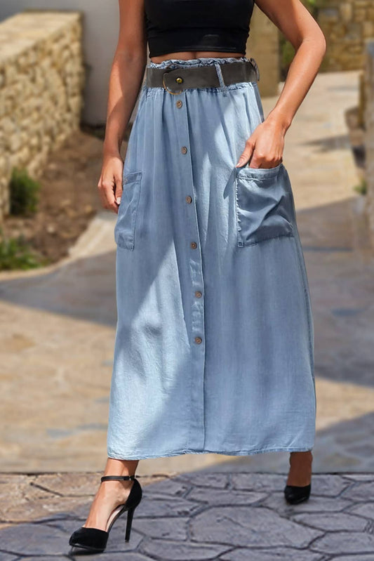 Buttoned Front High Waist Denim Maxi Skirt