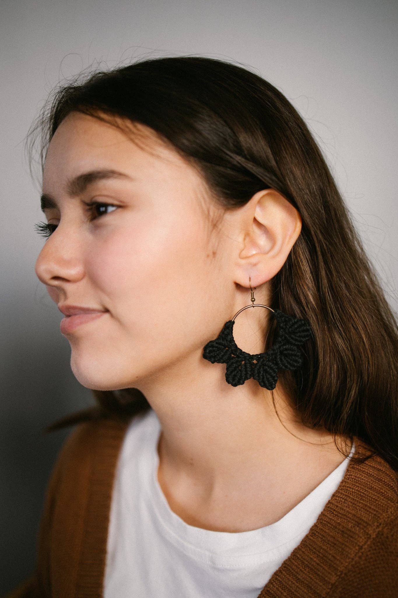 Woven Macrame Boho Leaf Earrings- Black