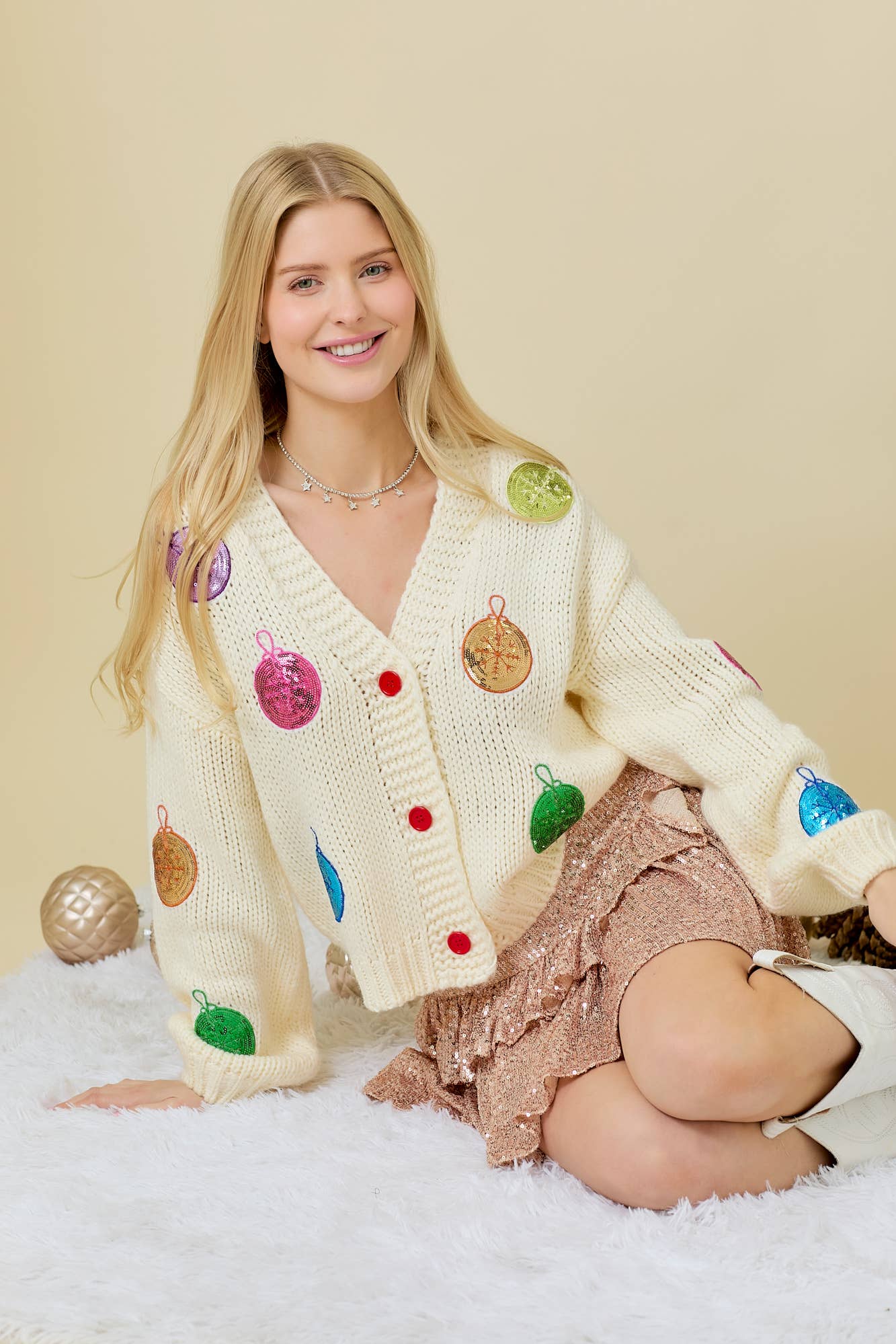 Christmas Sequin Ornament Cardigan: CREAM