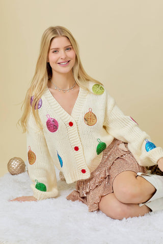 Christmas Sequin Ornament Cardigan: CREAM