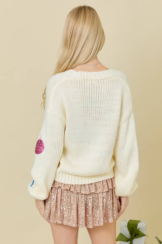 Christmas Sequin Ornament Cardigan: CREAM