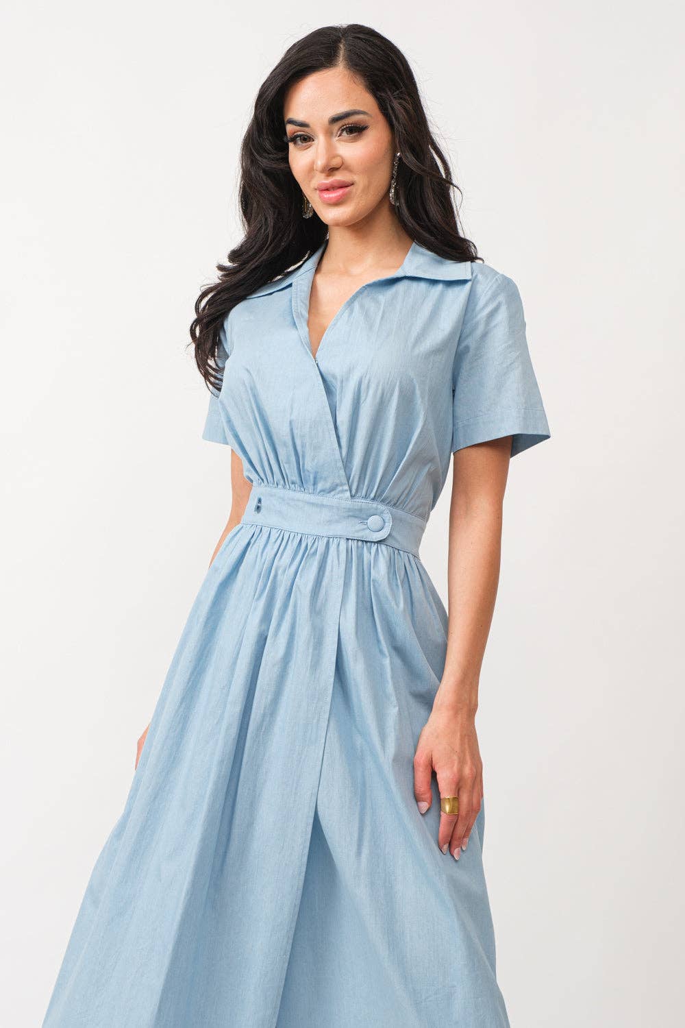 Denim Short Sleeve A-Line Midi Dress LIGHT DENIM