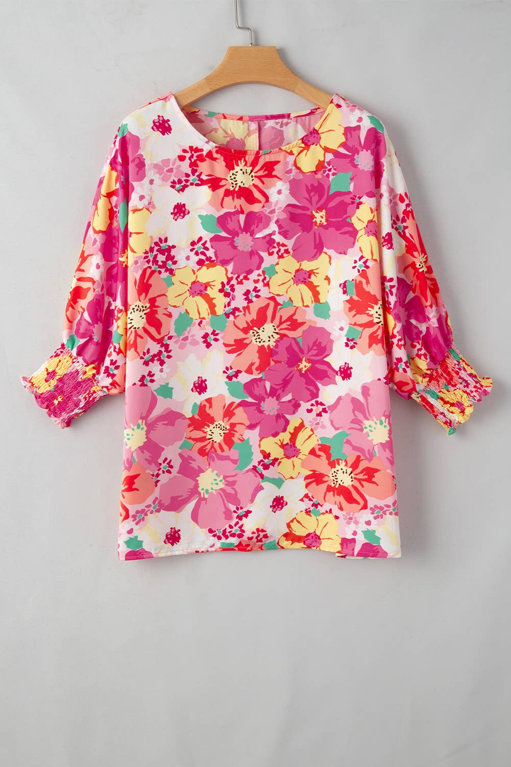 Floral Print Crewneck Shirred 3/4 Sleeve Blouse