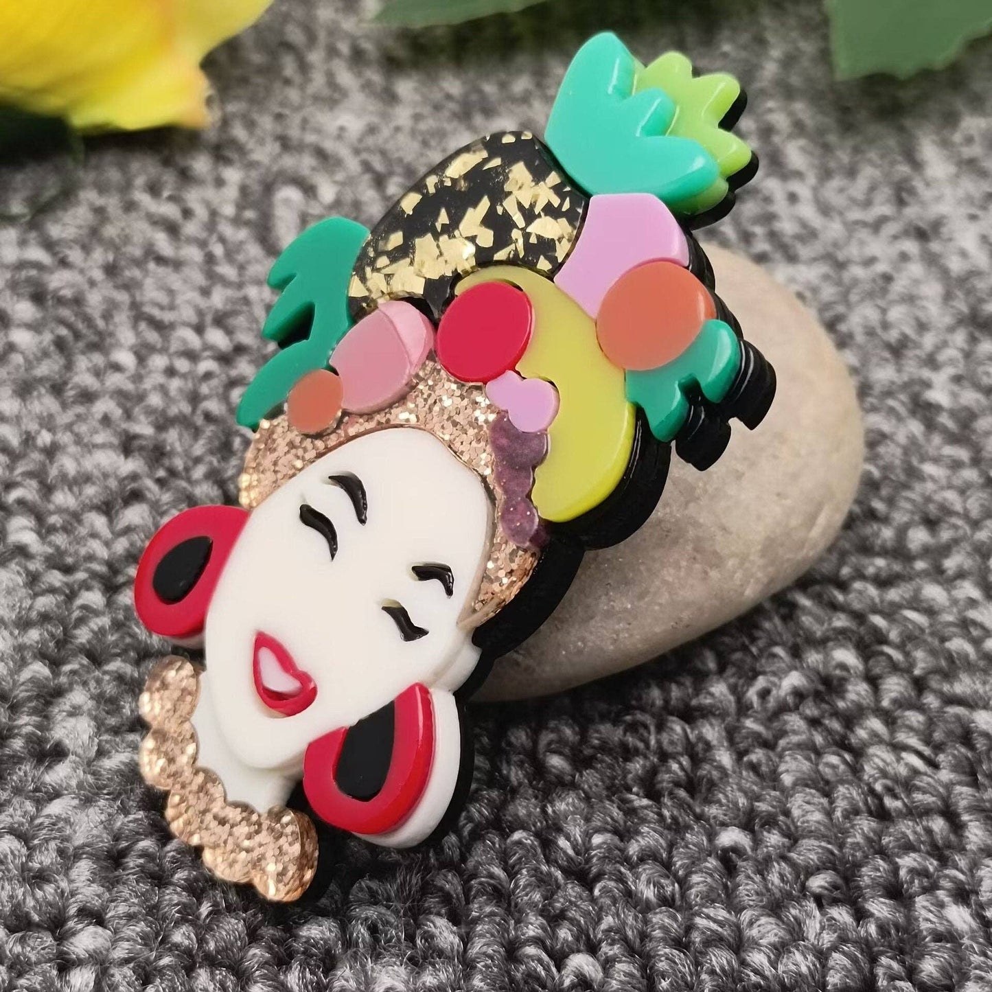 Fruit Pineapple Hat Lady Acrylic Brooch