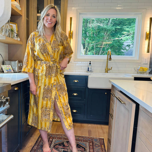 Women's Cotton Kimono Robe | Block Printed | Golden Tiger