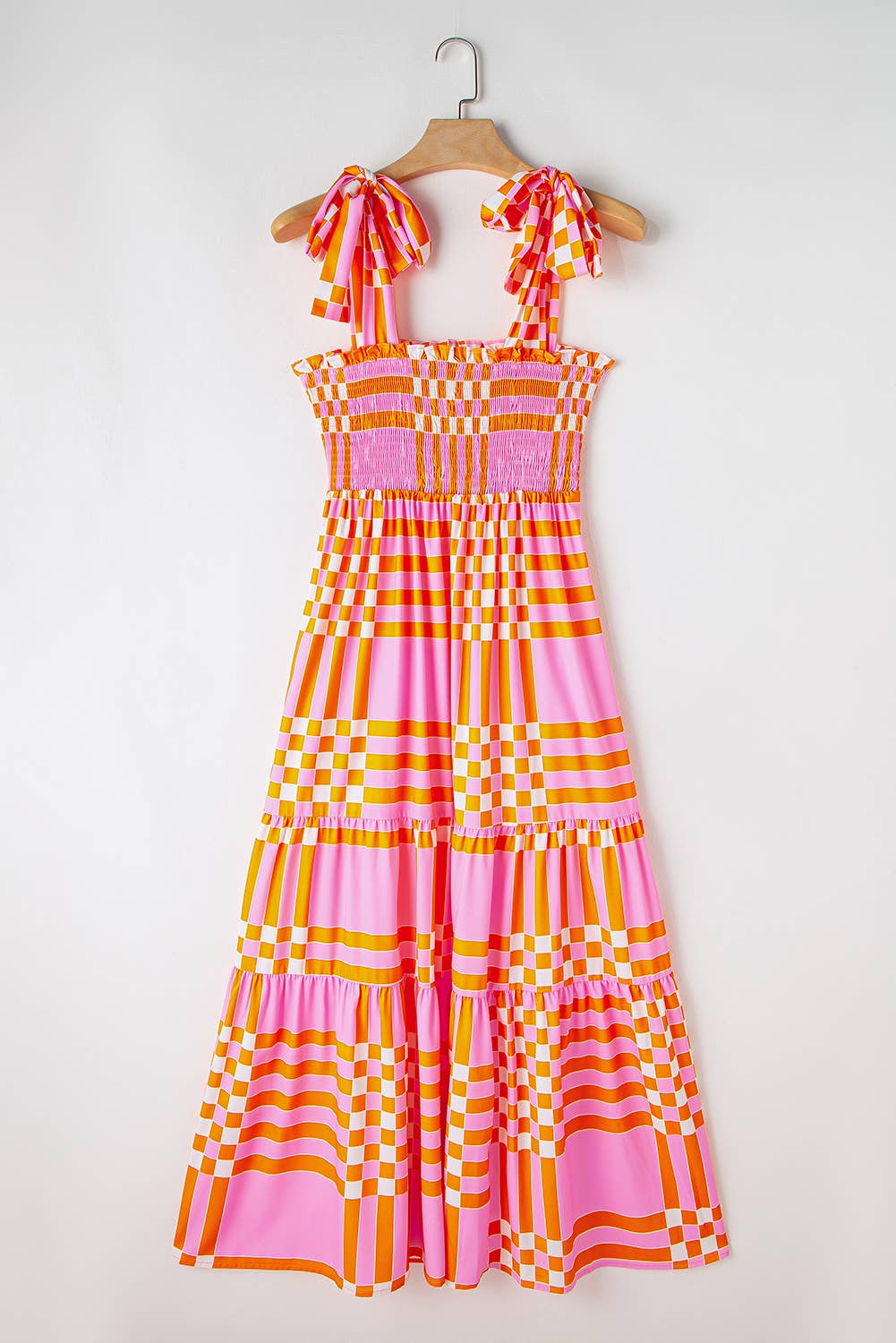Hot Pink and Orange Boho Plaid Print Tied Straps Smocked Maxi Dress