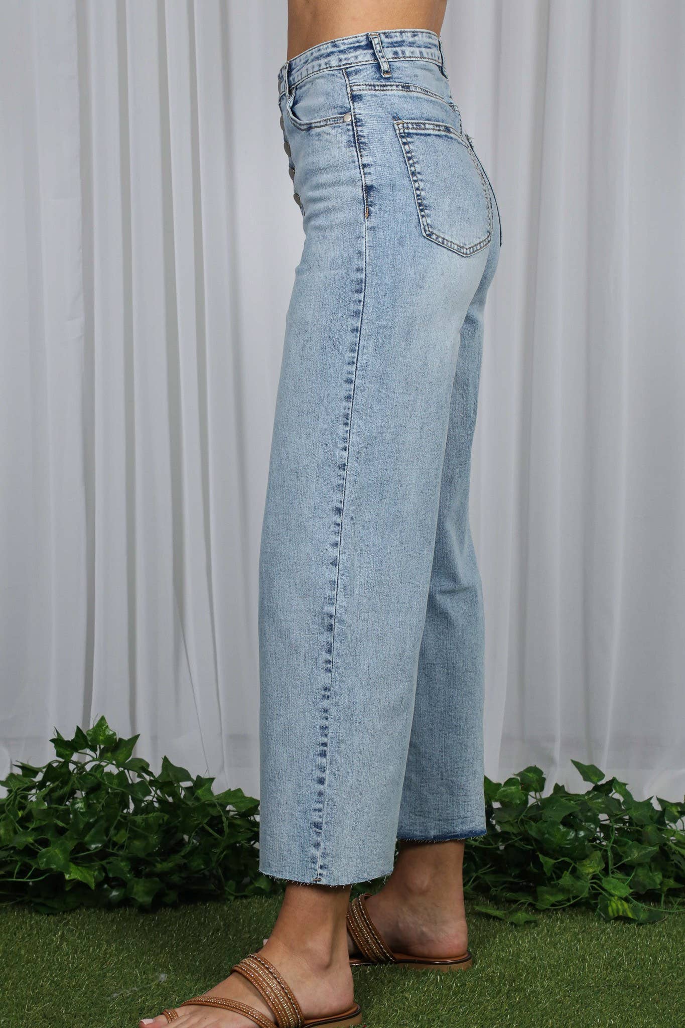 Wide Leg Stretchy Casual Buttoned Washed Denim Jean