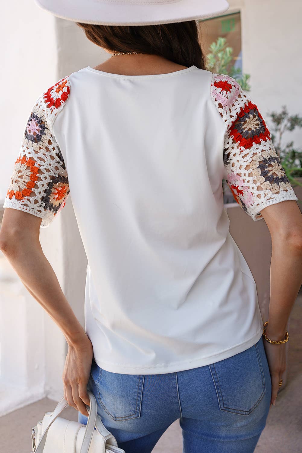 Women Floral Crochet Patchwork Round Neck Top