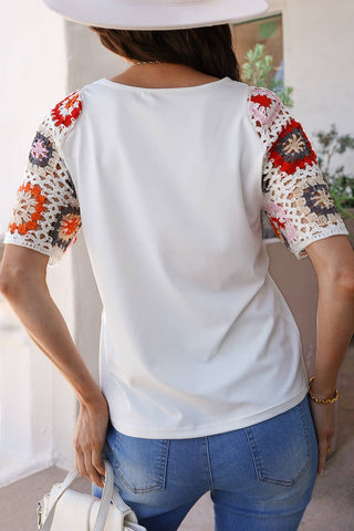 Women Floral Crochet Patchwork Round Neck Top