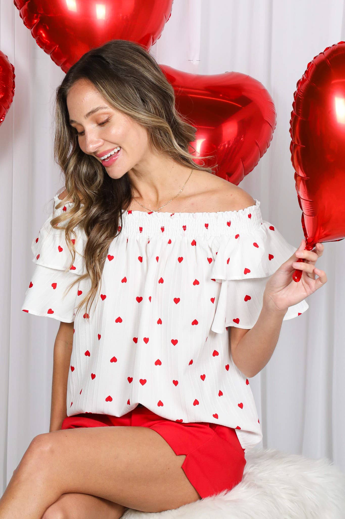 Red & White Heart Print Off-Shoulder Top