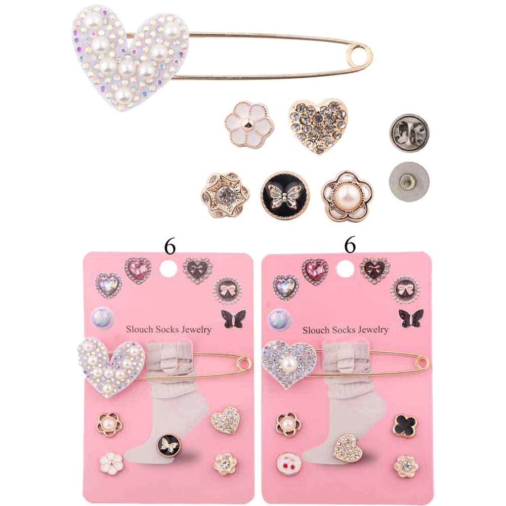 SET OF 6 - Pearl Heart Enamel Flower Pin Slouch Jewelry