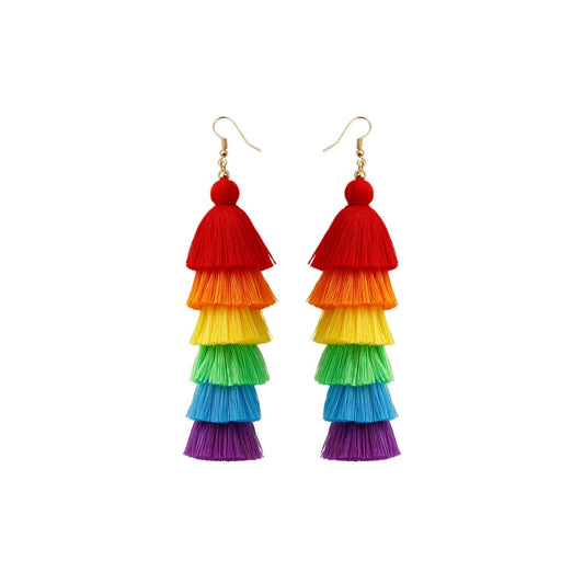 Bohemian Colored Cotton Thread Tassel Earrings: Brights