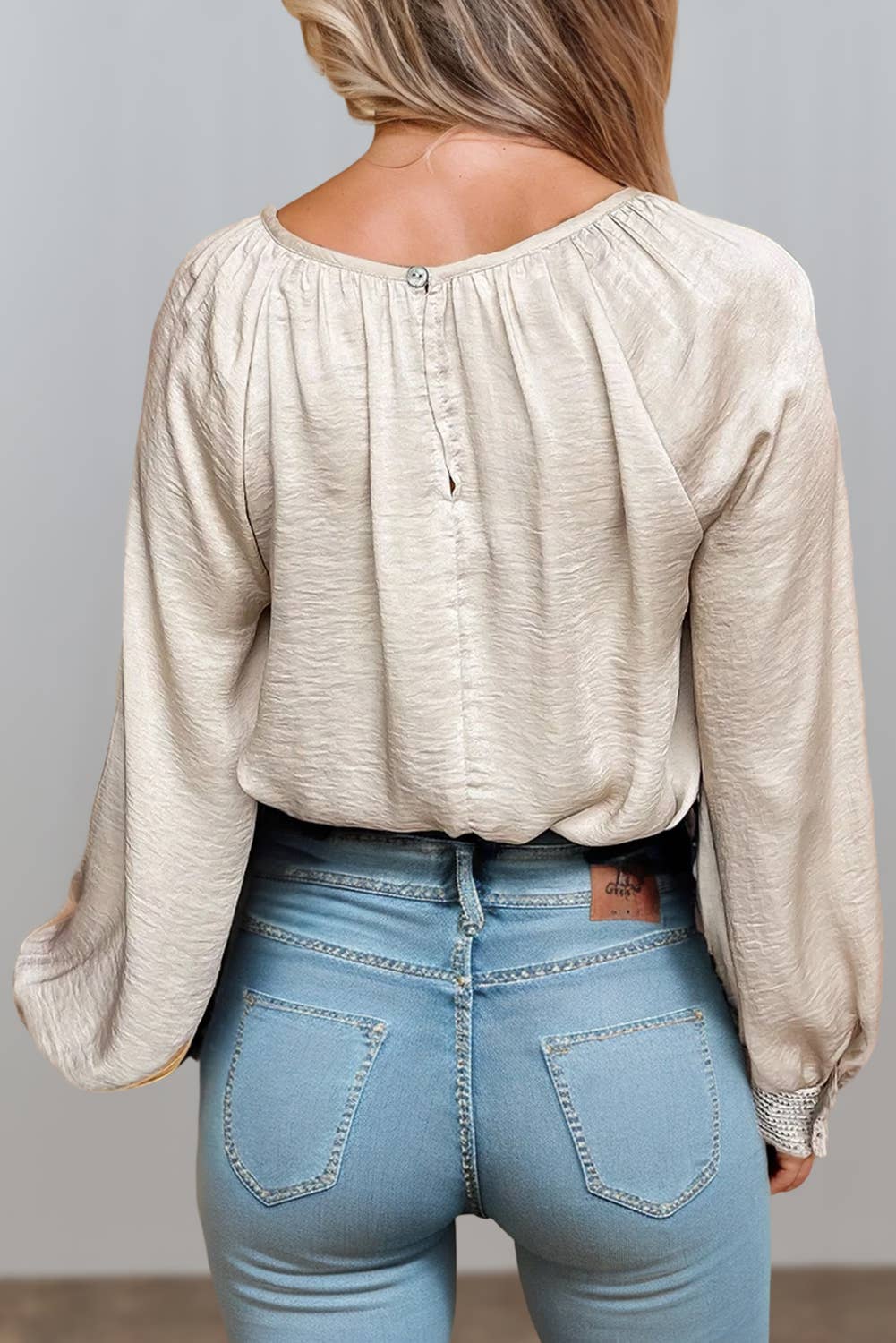 Champagne Sequin Buttoned Cuffs Pleated Neck Blouse