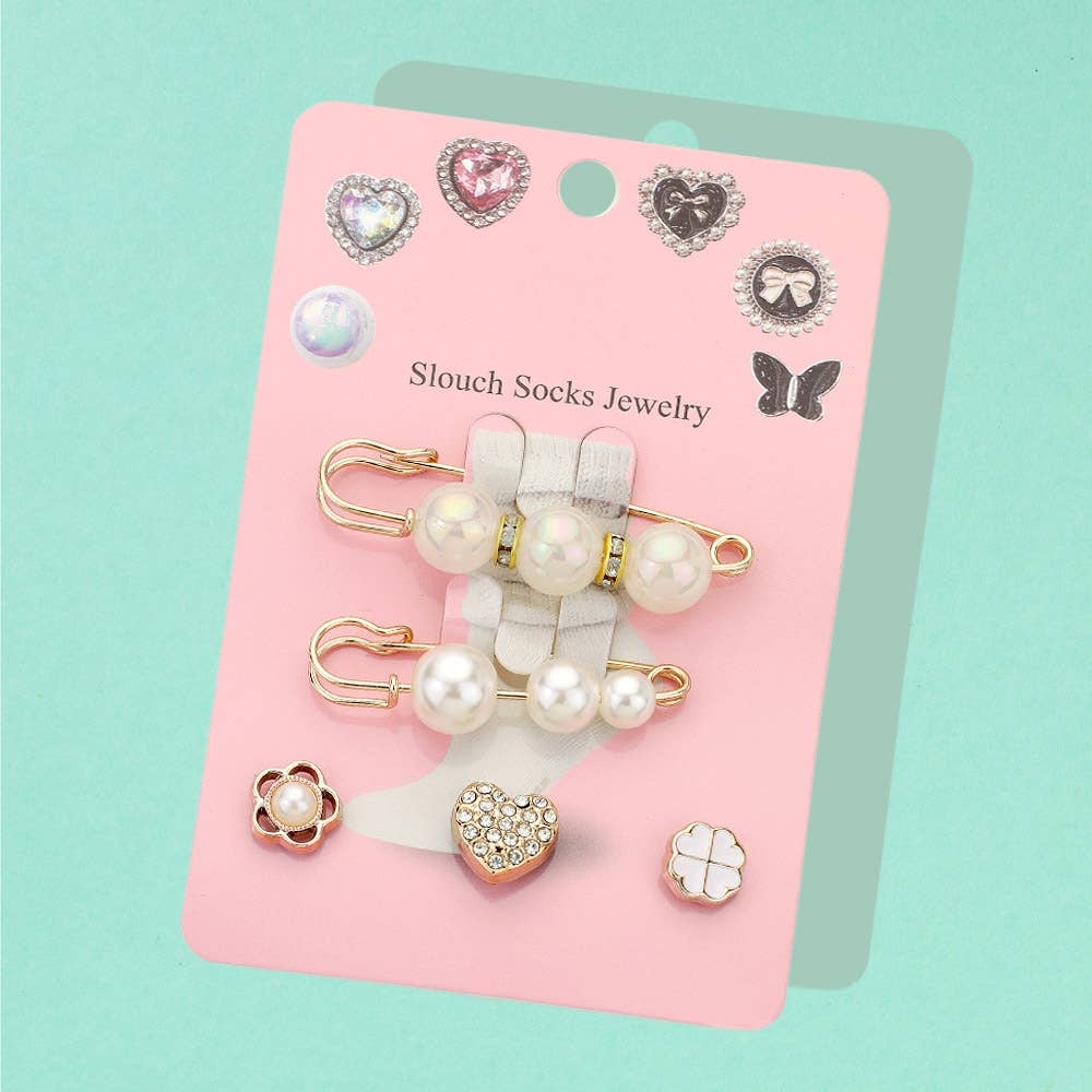 SET OF 5 - Pearl Safety Pin Clover Socks Charm Jewelry