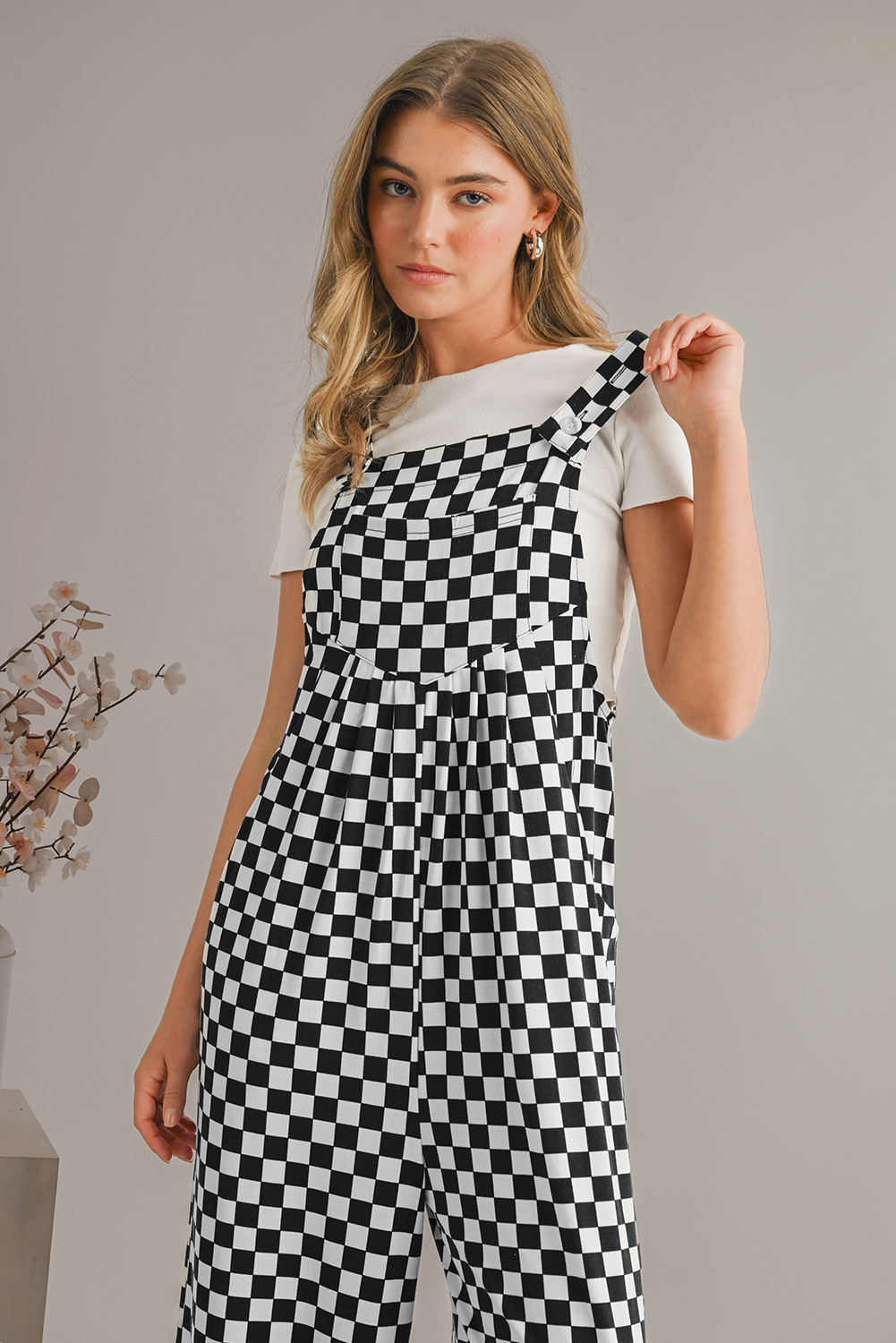 Black and White Checkered Print Pockets Casual Jumpsuit