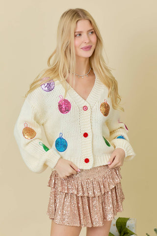 Christmas Sequin Ornament Cardigan: CREAM