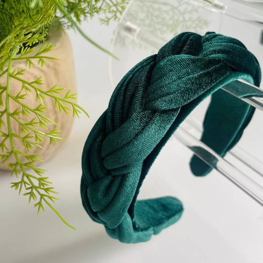 Classy, Elegant Velvet Braided Women's Headband- Emerald Green