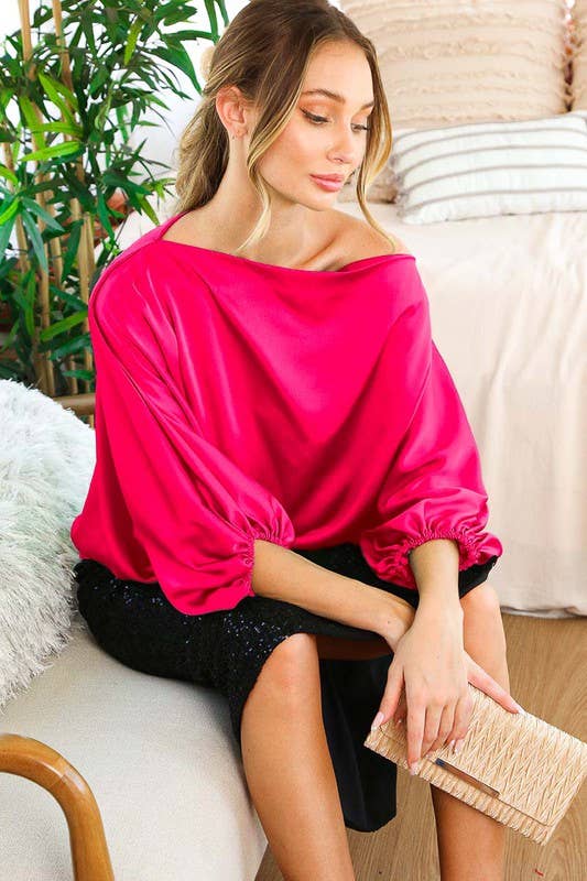 Boat Neck Dolman Puff Sleeve Satin Blouse - Fuchsia