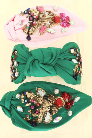 Christmas Jeweled Reindeer Top Knotted Headband : Green