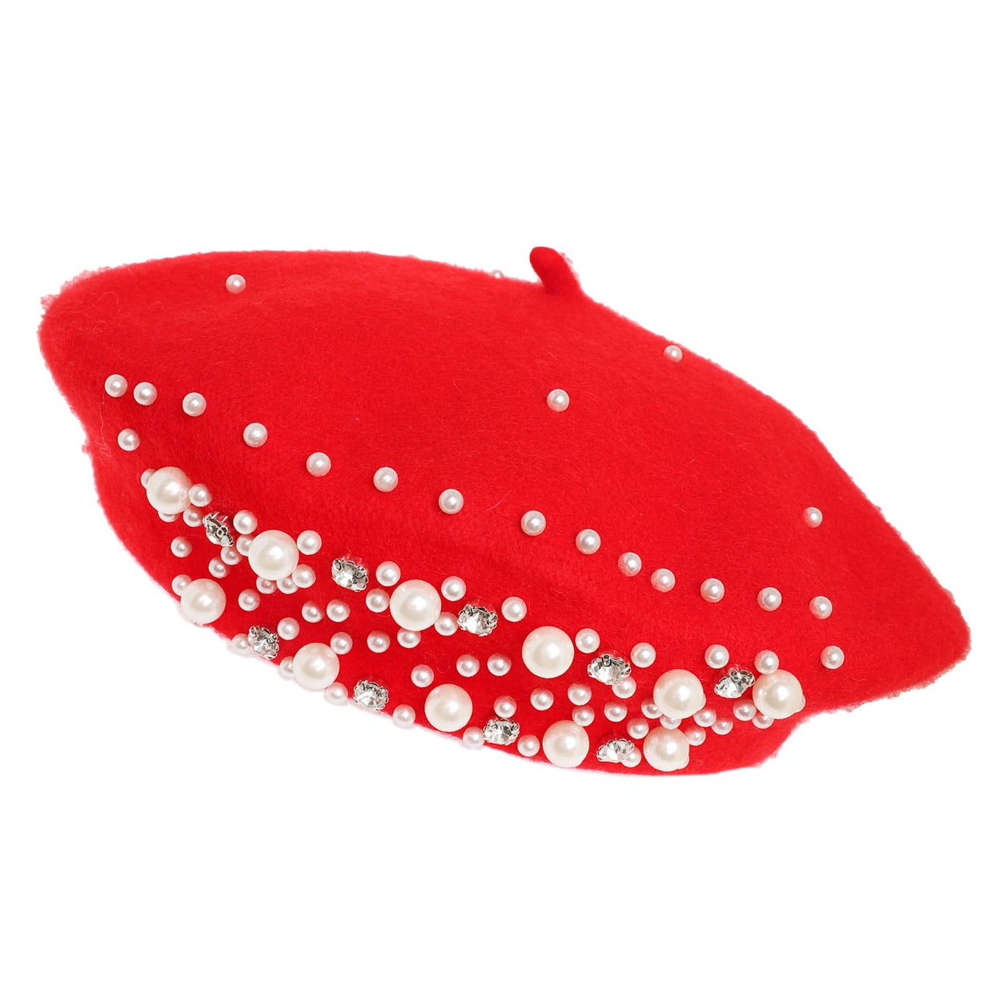 Pearl Rhinestone Embellished Wool Blend Beret : Red