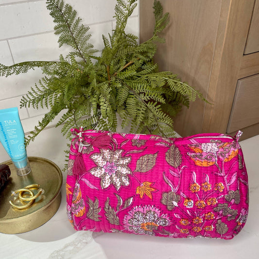 Travel Makeup Toiletry Bag | Quilted Zip-Top | Pink Blossom