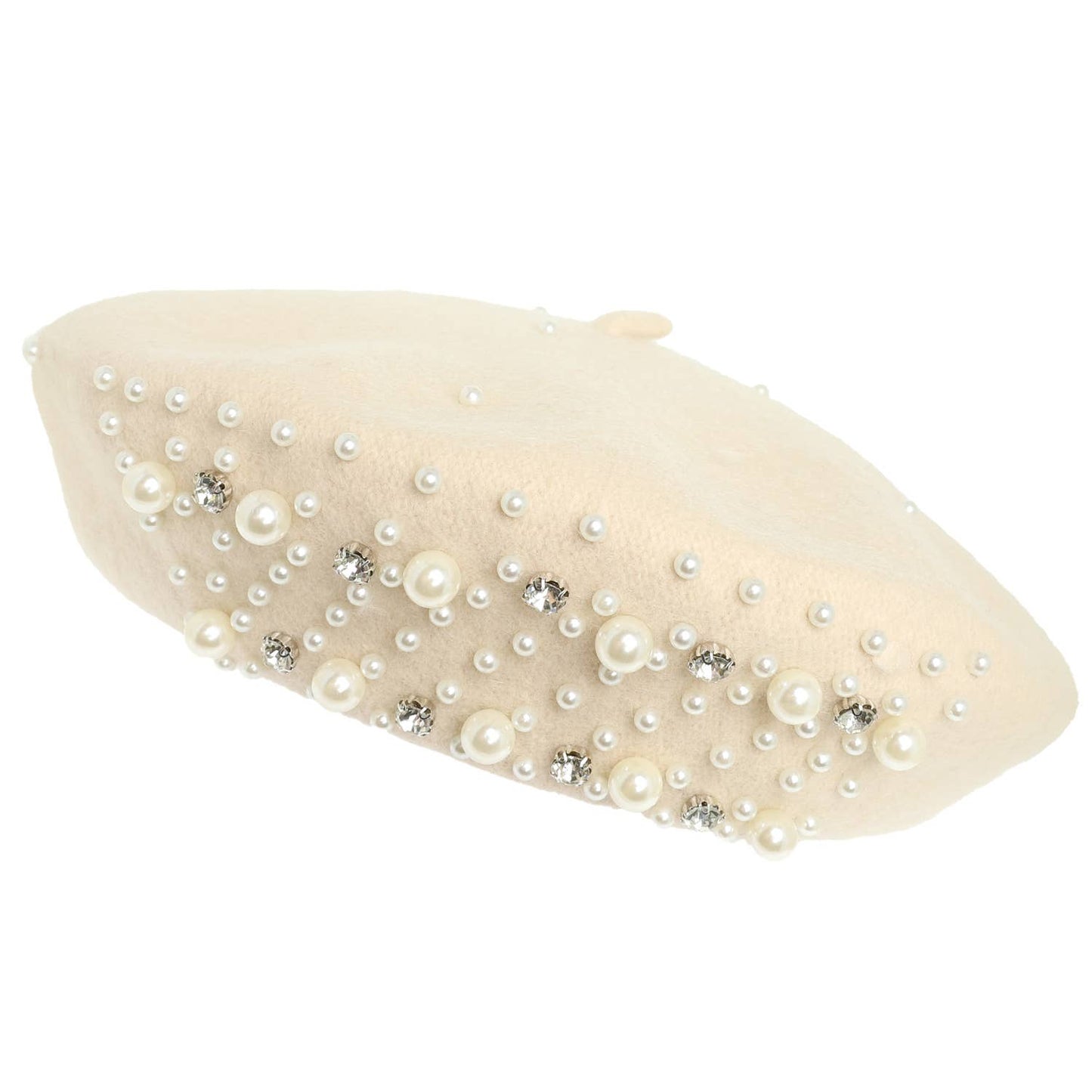 Pearl Rhinestone Embellished Wool Blend Beret : Ivory