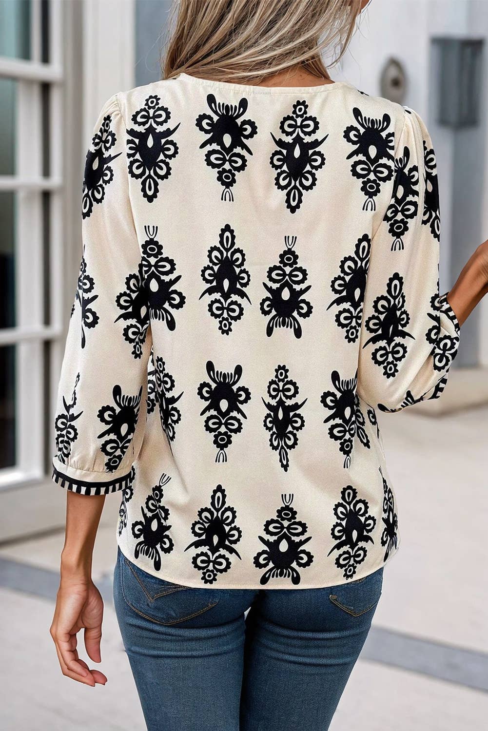 White and Navy Geometric Print 3/4 Sleeve V-Neck Blouse
