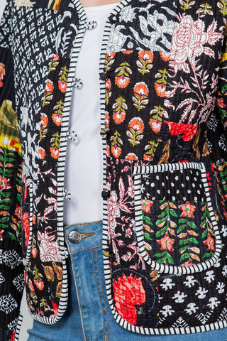 Floral Print Quilted Patch Cotton Jacket Black
