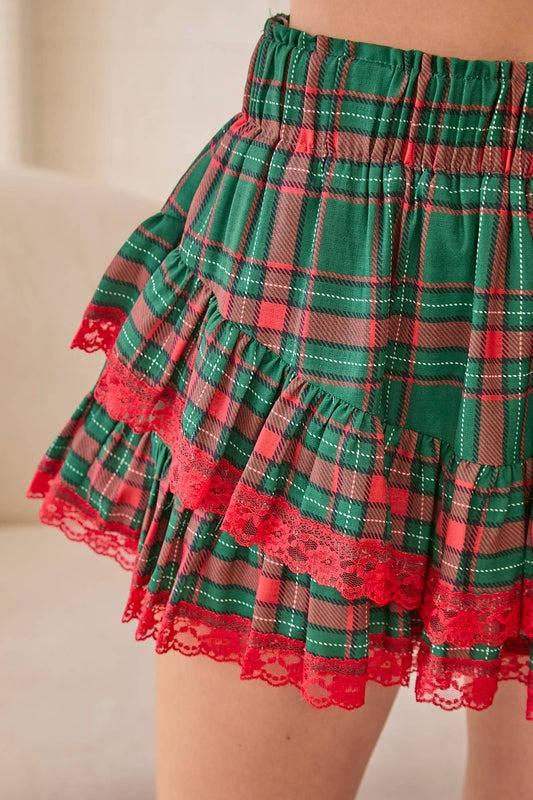 Plaid Ruffle Skort With Ruffle Lace Trim Detail: HUNTER GREEN