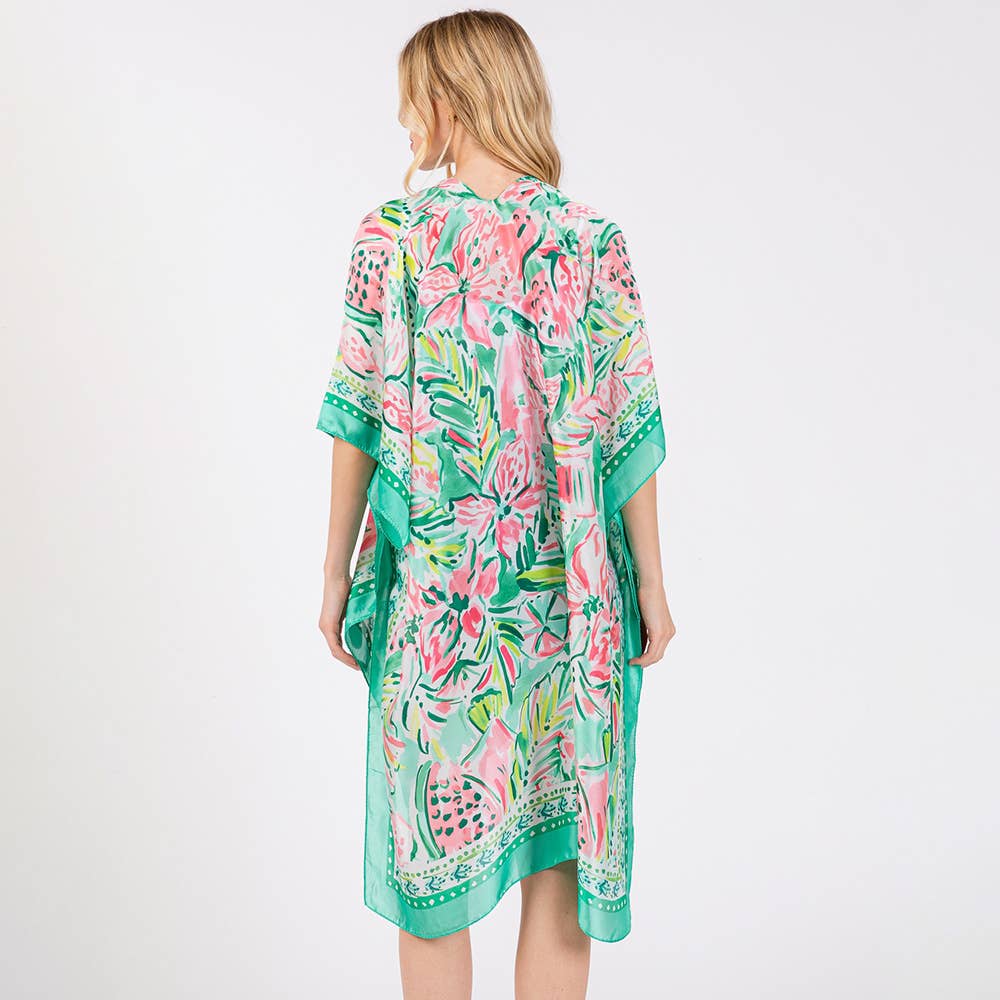 🌸 Flower Print Silky Feel Kimono Poncho – Green