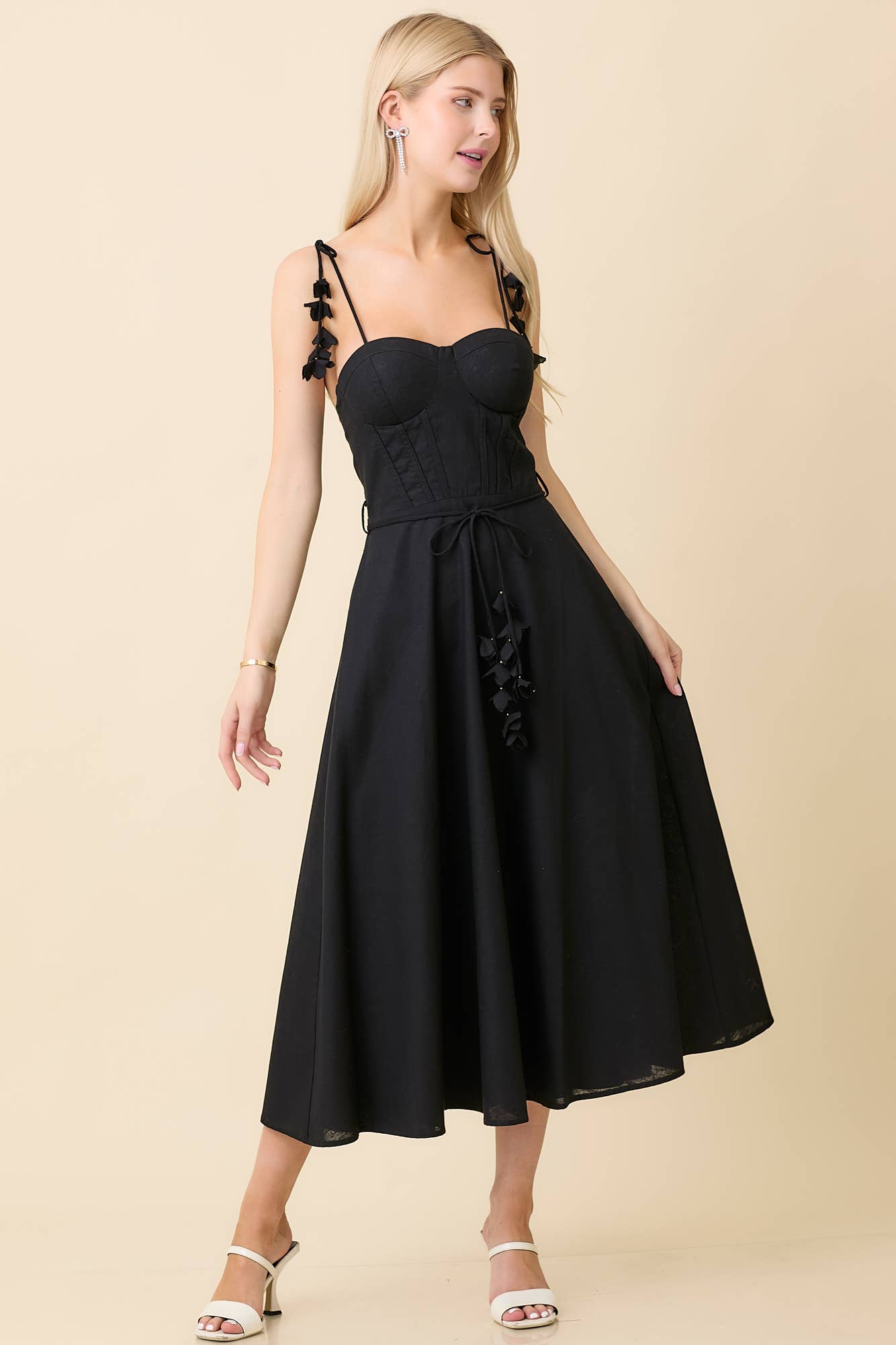 Tie Belt Flare Midi Dress: BLACK