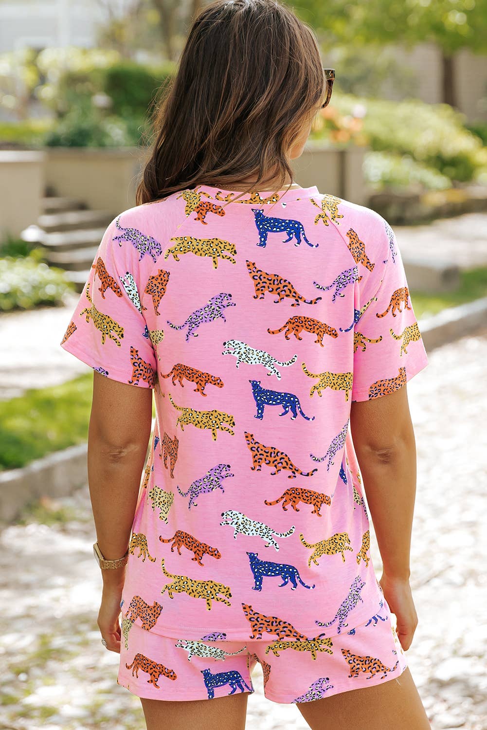 Pink Animal Print  Pajamas 2pcs Shirt & Shorts Set |